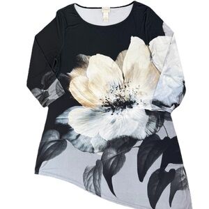 Chico's Tunic Asymmetrical Black Gray Cream Floral Top 3/4 Sleeves Women’s
